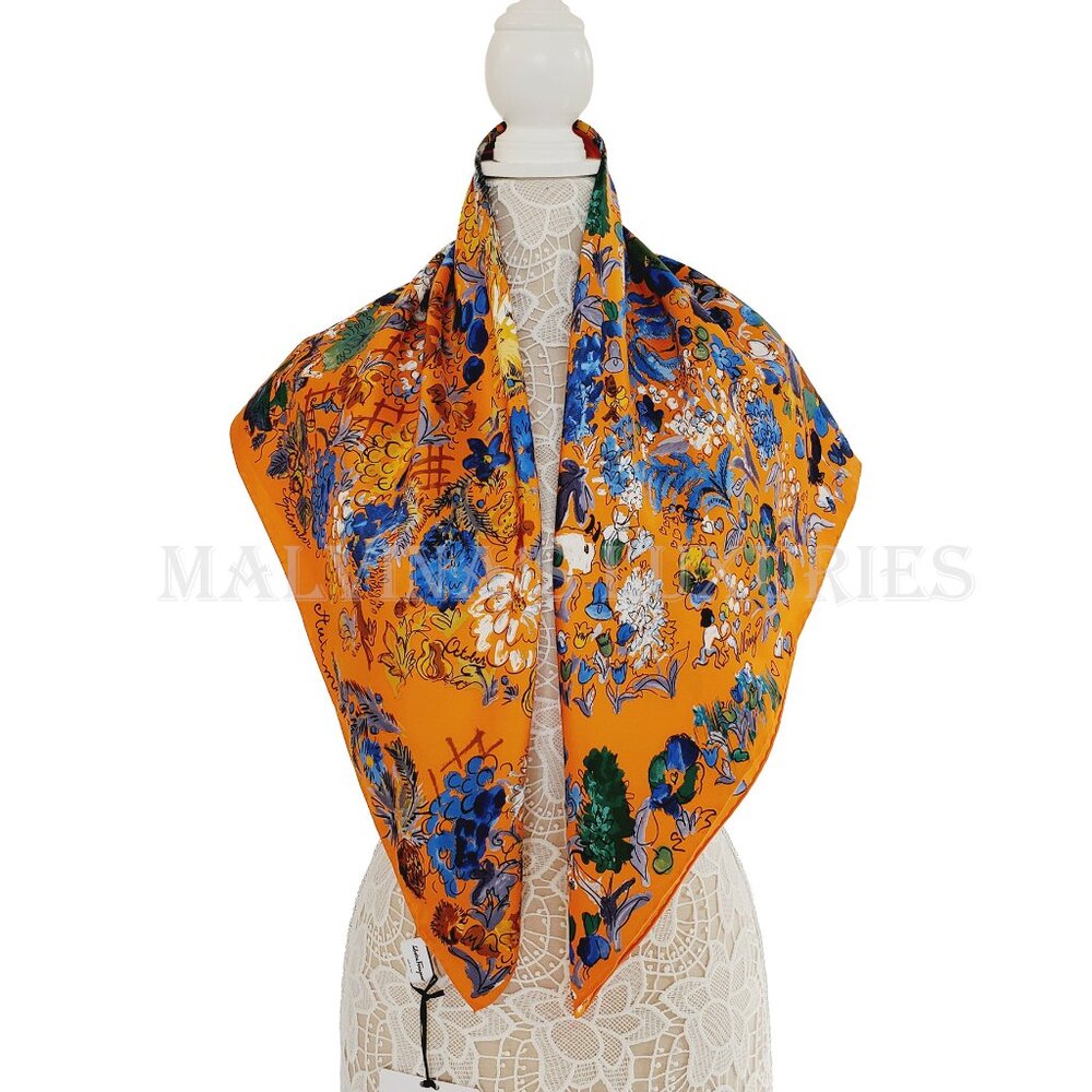 SALVATORE FERRAGAMO SCARF SIGNATURE FLOWER SEASON MULTICOLOR PRINT SILK 35" - Picture 3 of 14